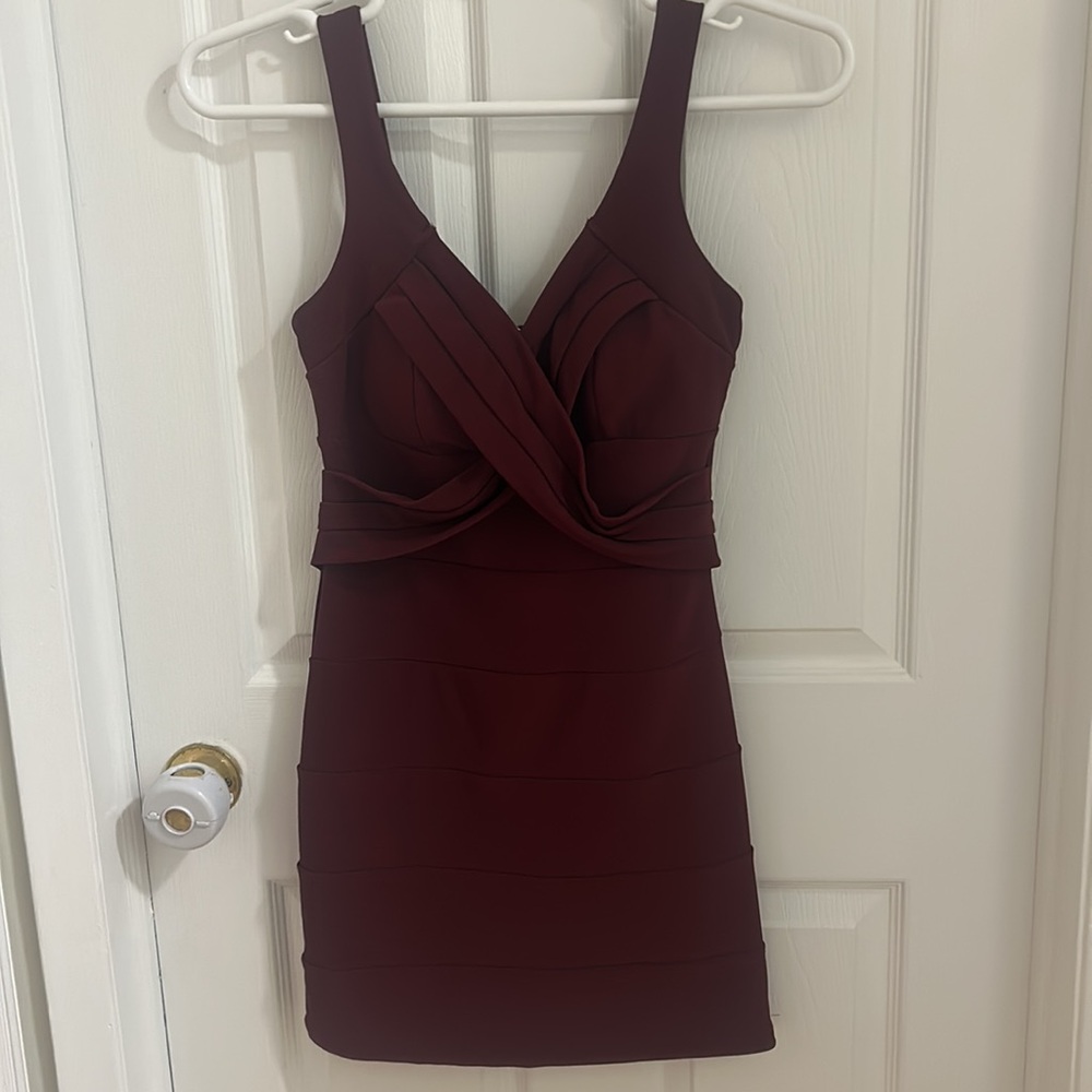 Emerald Sundae Red Bodycon Mini Dress with Plunge Neckline and Ruched Detail